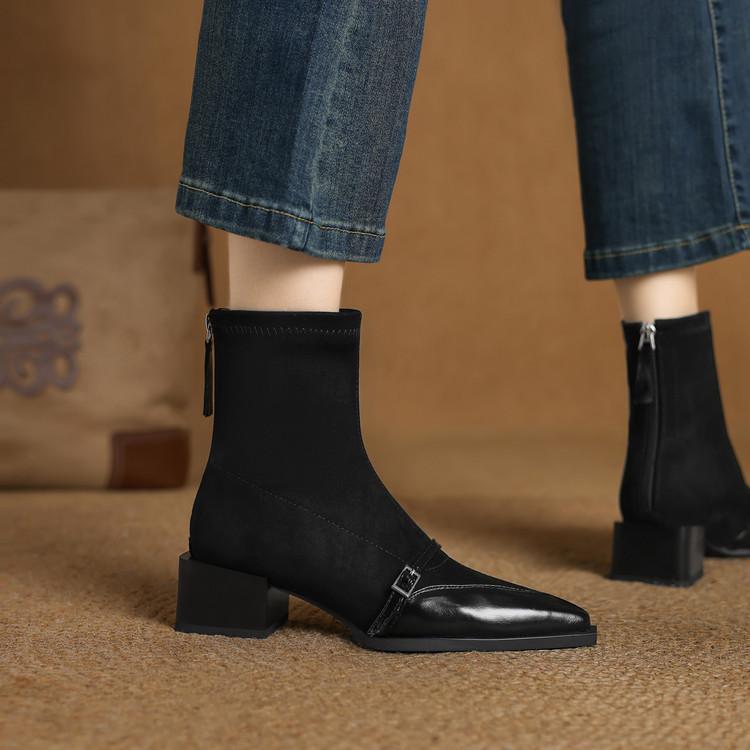 Thick heel pointed head women's retro cowhide splicing small short boots versatile and thin