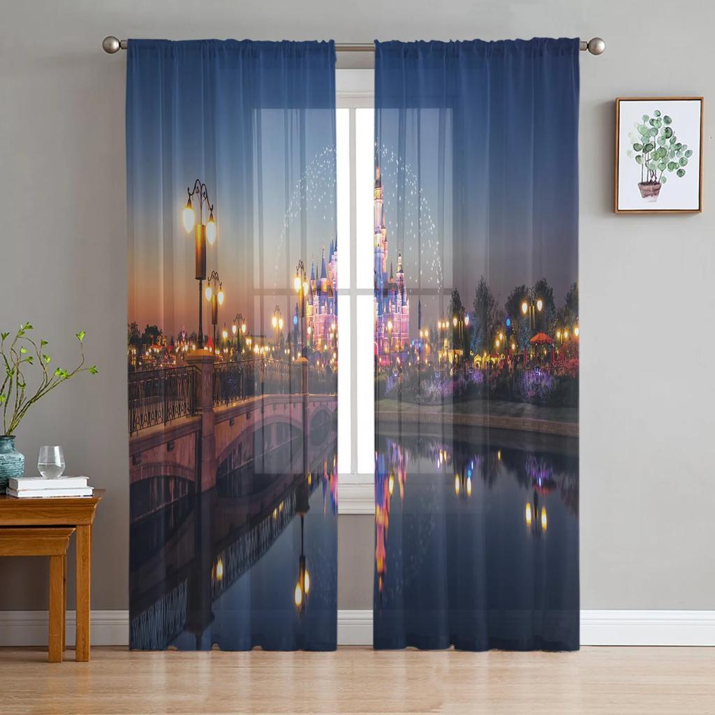 Luxury Fairy Tale Princess Pink Castle Radial Tulle Curtain Bedroom Window Cafe Hotel Decor Living Room Drape Curtains Light Filtering Polyester Area