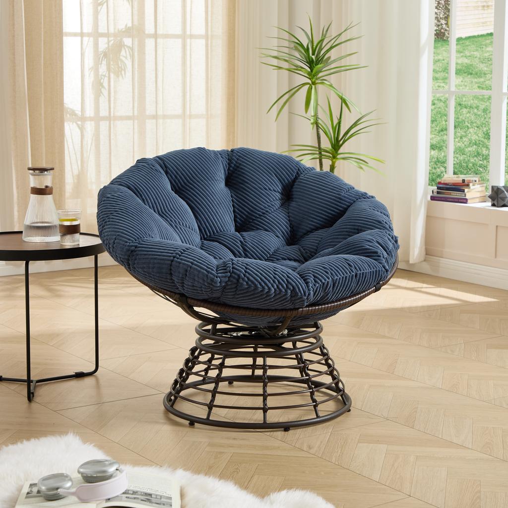 Comfortable Wicker Papasan Chair, 360 degrees Swivel Indoor Outdoor with Soft Thick Cushion, Ideal for Living Room, Brown Frame