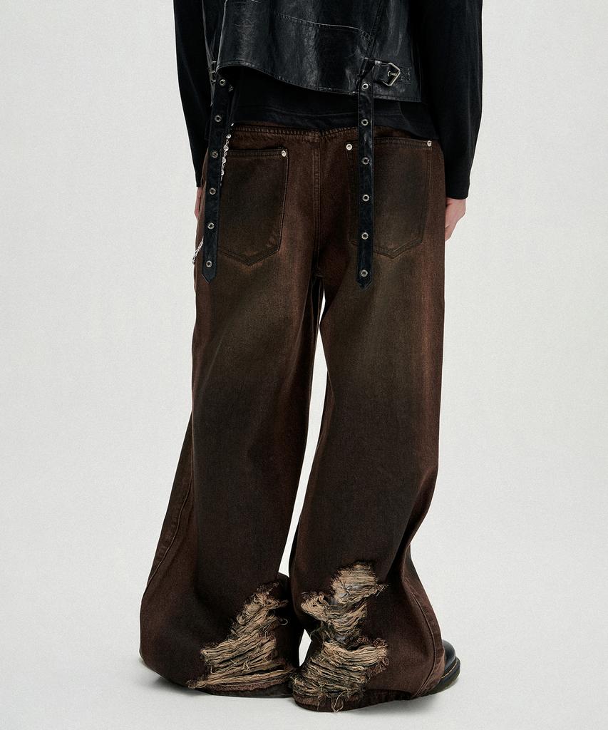 NOT4NERD Distressed Oil Washed Wide Denim Pants - Brown
