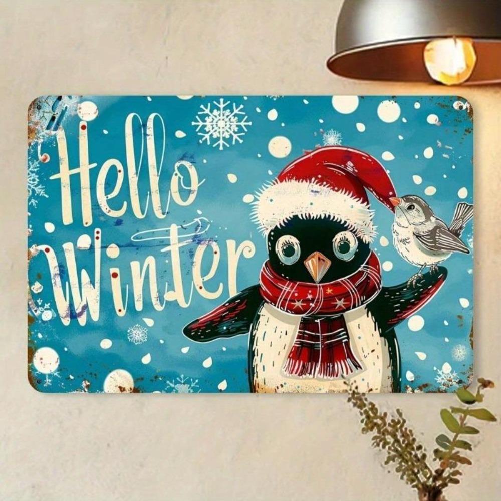 Vintage Penguin Santa Hat Metal Tin Sign 12x8 inch Retro Blue Snowflake Hello Winter Wall Art Home Office Cafe Pub Garage Bar Man Cave Xmas Decoration