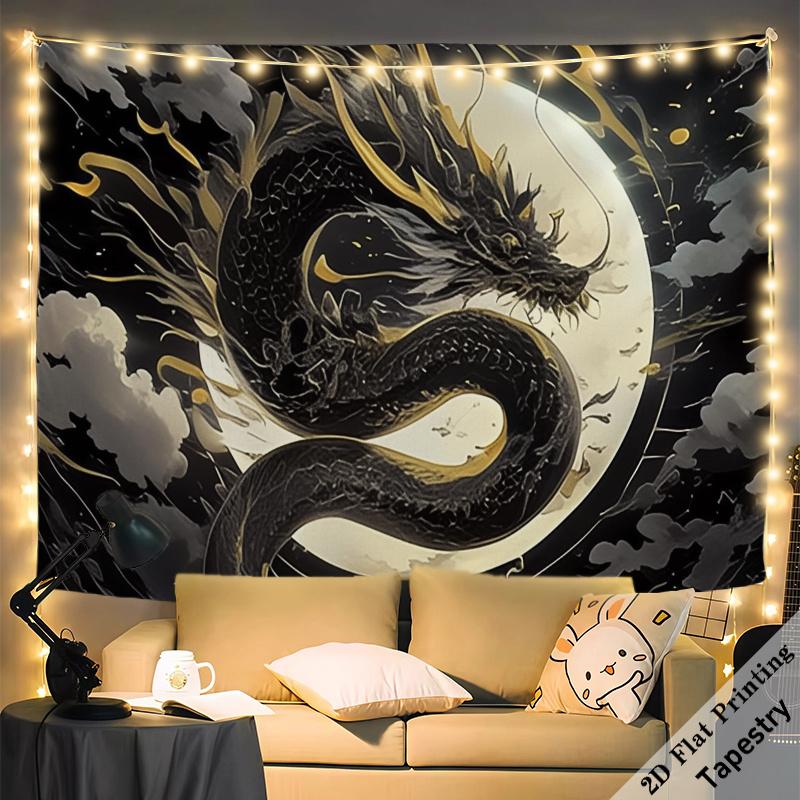 Epic Dragon Tapestry Wall Hanging Black Gold Fantasy Mythical Lunar Decor Night Sky Art Print Room Decoration