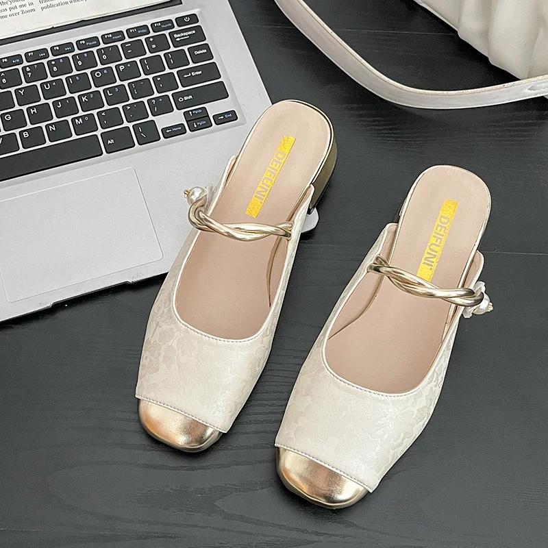 

Модные весенне-осенние тапочки на толстом каблуке с квадратным носком от нового бренда, элегантные женские сандалии-слипоны на низком каблуке 35 бежевый