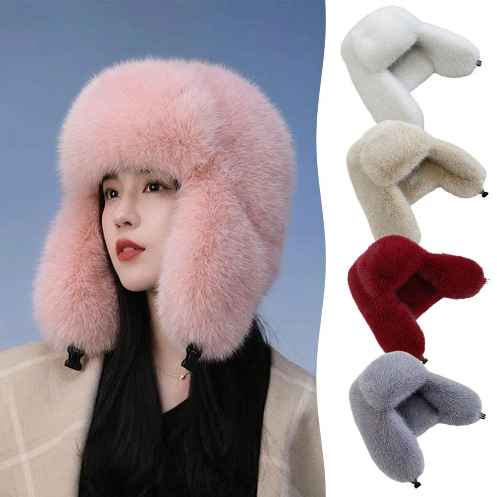 Thicken Faux Fur Bomber Hat Winter Warm Ear Protection Imitation Fur Hat Female Winter Earflap Ski Cap