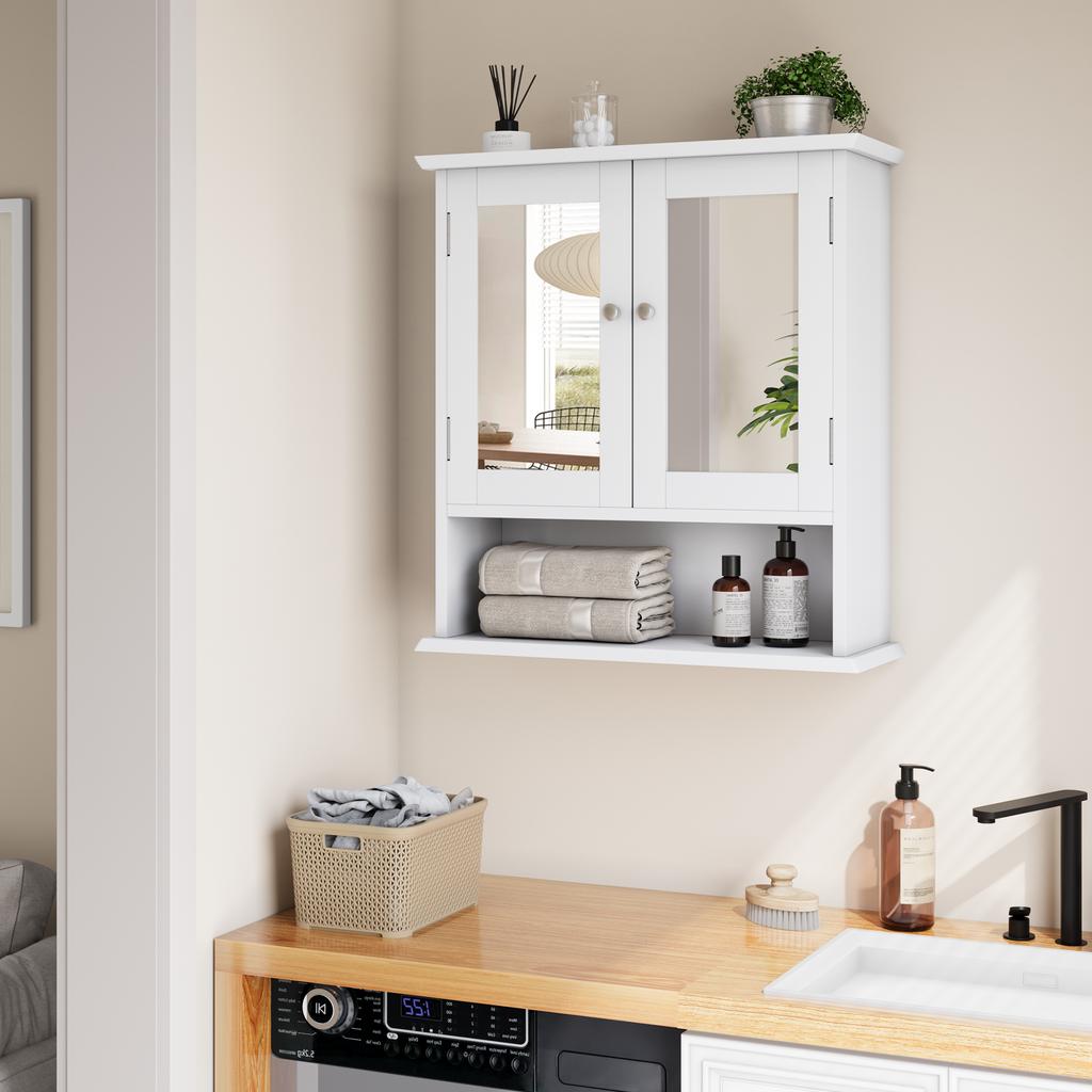 Bathroom Cabinet with Mirror, White Medicine Cabinet with Adjustable Shelf, Toilet Cabinet in Laundry Room and Kitchen