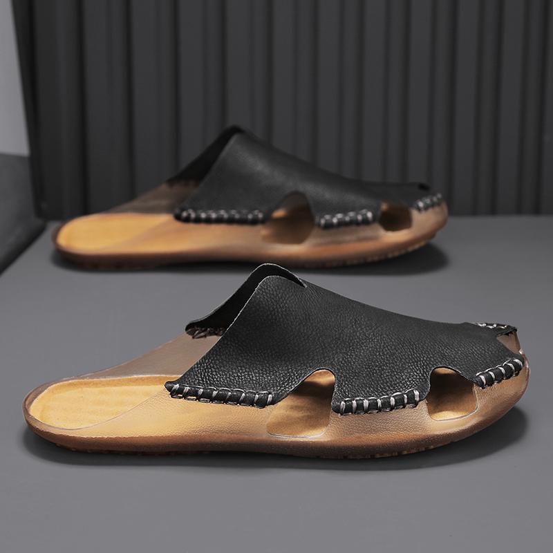 Fashion Men's Big Size Handmade Premium Leather Closed-Toe Sandals Summer Breathable Comfortable Flats Outdoor Daily Slippers Male Shoes