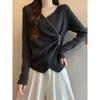 Plus-Size French-Style V-Neck Long-Sleeve T-Shirt for Women, Spring and Autumn, Slim-Fit, Waist-Cinching Knit Top for Curvy Figures