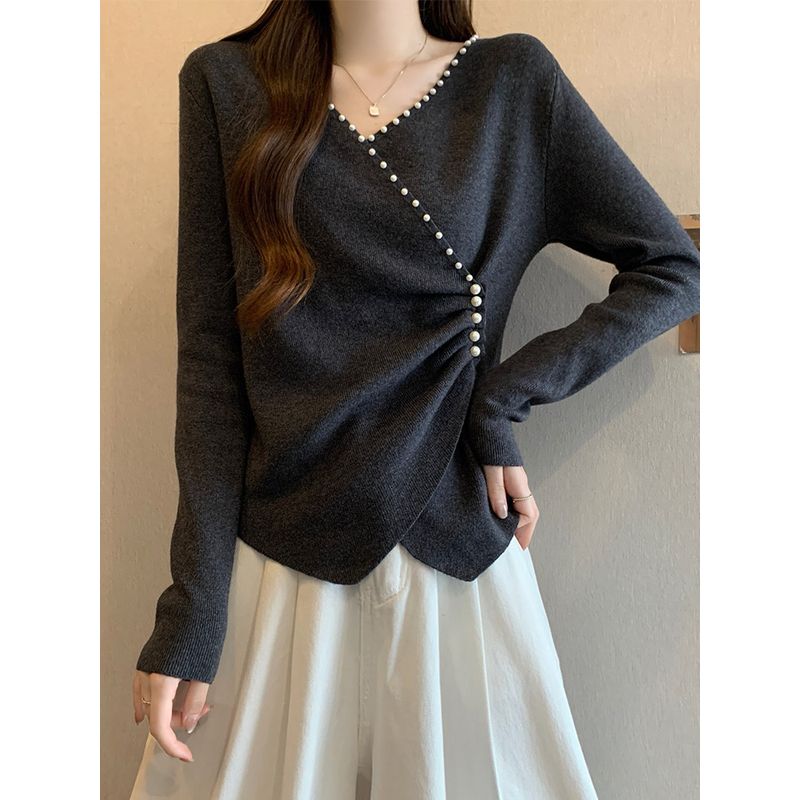 Plus-Size French-Style V-Neck Long-Sleeve T-Shirt for Women, Spring and Autumn, Slim-Fit, Waist-Cinching Knit Top for Curvy Figures