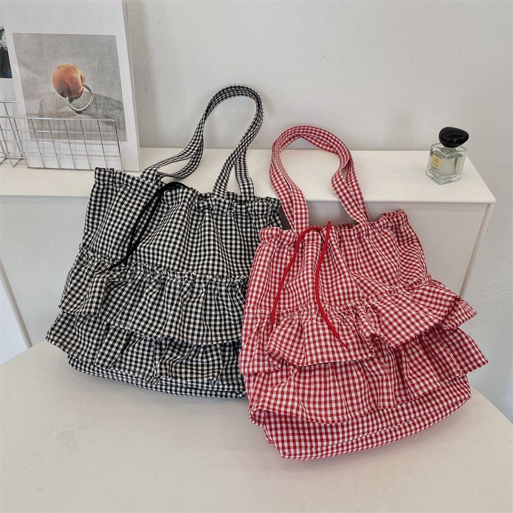 

Sweet Canvas Plaid Bag College Style Cute Ruched Handbag Casual Ruffle Shoulder Bag Travel синий