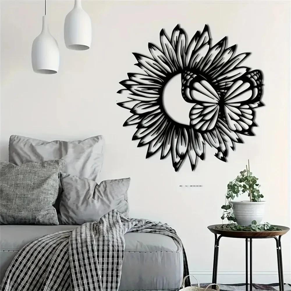 Black Sunflower and Butterfly 2D Metal Wall Art - Perfect Mother's Day Gift. Rustic Indoor/Outdoor Decor. Farmhouse Style Sign.