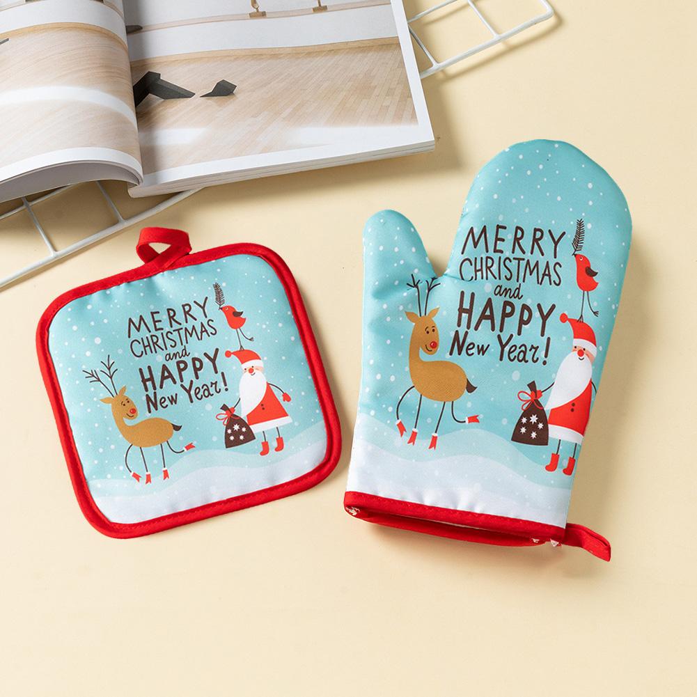 Thickened Oven Gloves Kitchen Cooking Baking Anti-Scalding Microwave Oven Gloves Heat Proof Protected Xmas Pattern Mittens