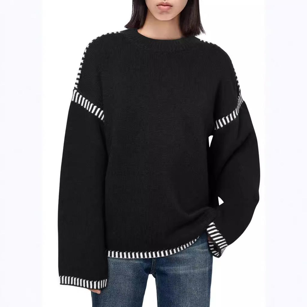 Autumn and Winter Women's Sweater Solid Color Round Neck Loose Long-sleeved Contrast Color Twisted Knitted Pullover Sweater Top