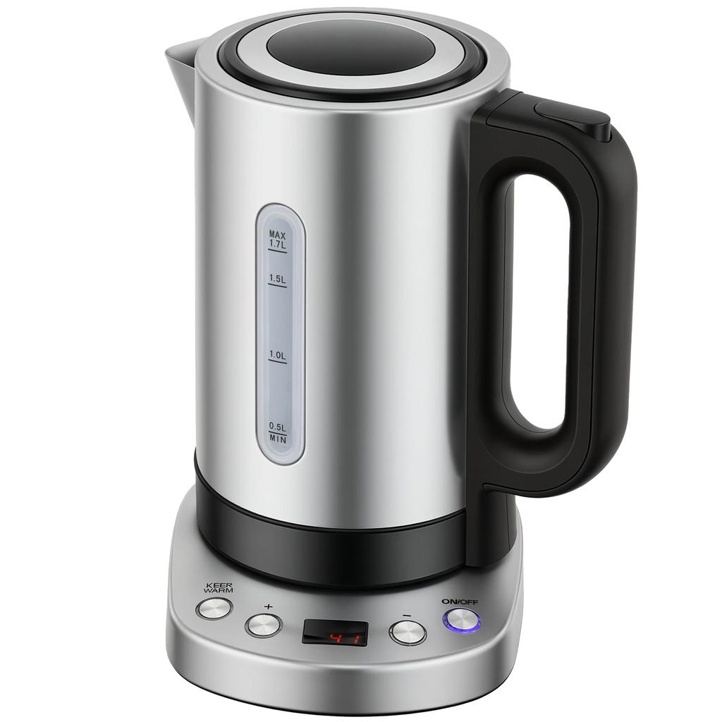 Electric Kettle, 1.7L, Fast Boil, 3kW Water Kettle with UK Strix Thermostat, Keep Warm Function, LCD Base, Silver Tone
