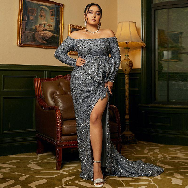 

European and American Sexy Long-Sleeved Evening Gown, Wedding Dress, Plus Size Dress Gray 4XL