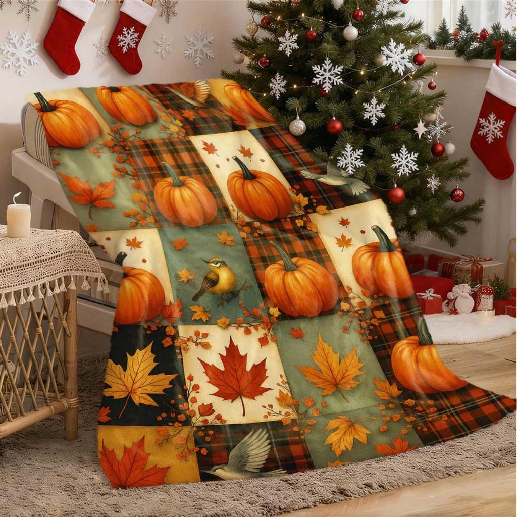 Coperta in Flanella Peluche Ultra-Morbida Adatta per - Copriletto Accogliente - Coperta Autunnale Zucca Foglia d'Acero in Caldo Arancione Rosso Giallo Verde Marrone Beige - Copriletto