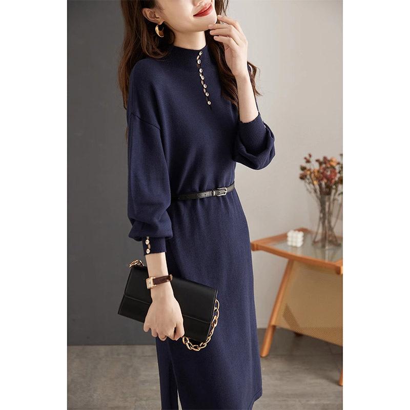 Retro Royal Sister Style Solid Color Mid-length Inner Sweater Dress Winter Half-high Neck Base Knitted Dress