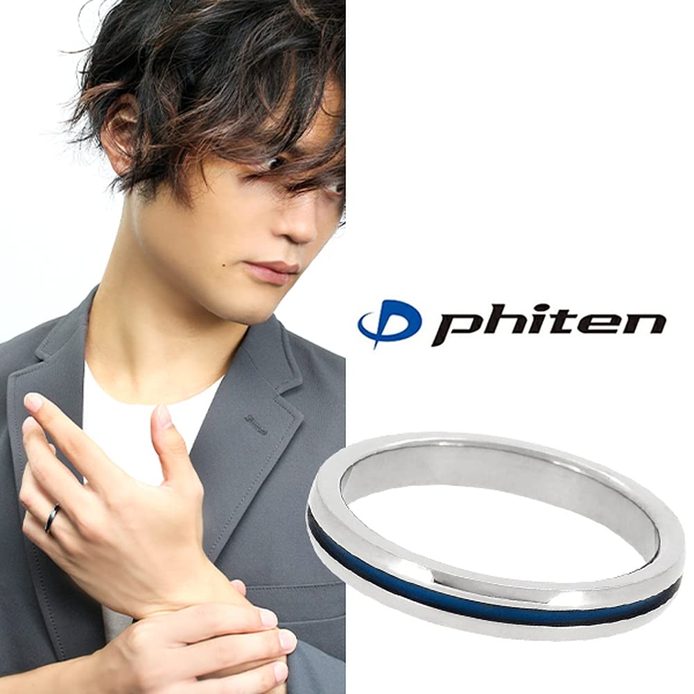 fe-fe x phiten [Special Edition] Phiten Slim Blue Line Titanium Ring, Sizes 14-20 (Size 20), Men's Sports Jewelry