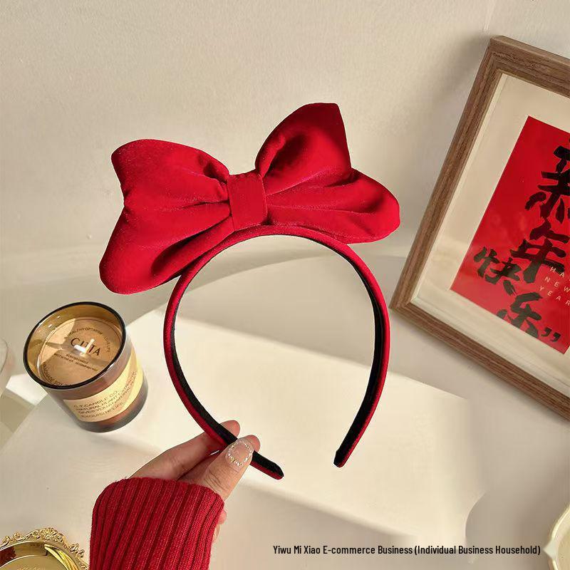 

2025 Красная бархатная повязка на голову с бантом для женщин и детей - Аксессуар для волос на Новый год и Рождество