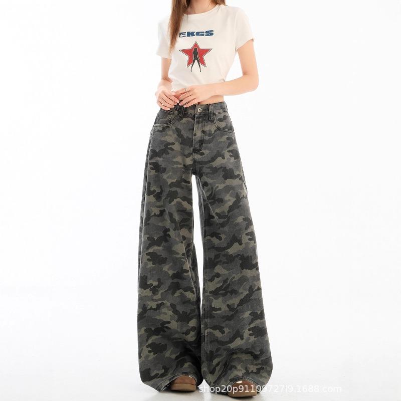 Retro Camouflage Tooling Jeans Autumn and Winter Straight Loose Drape Floor Trousers