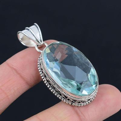 Blauer Topas Edelstein Anhänger Massiver 925 Sterling Silber Anhänger Schmuck Geschenk für Unisex