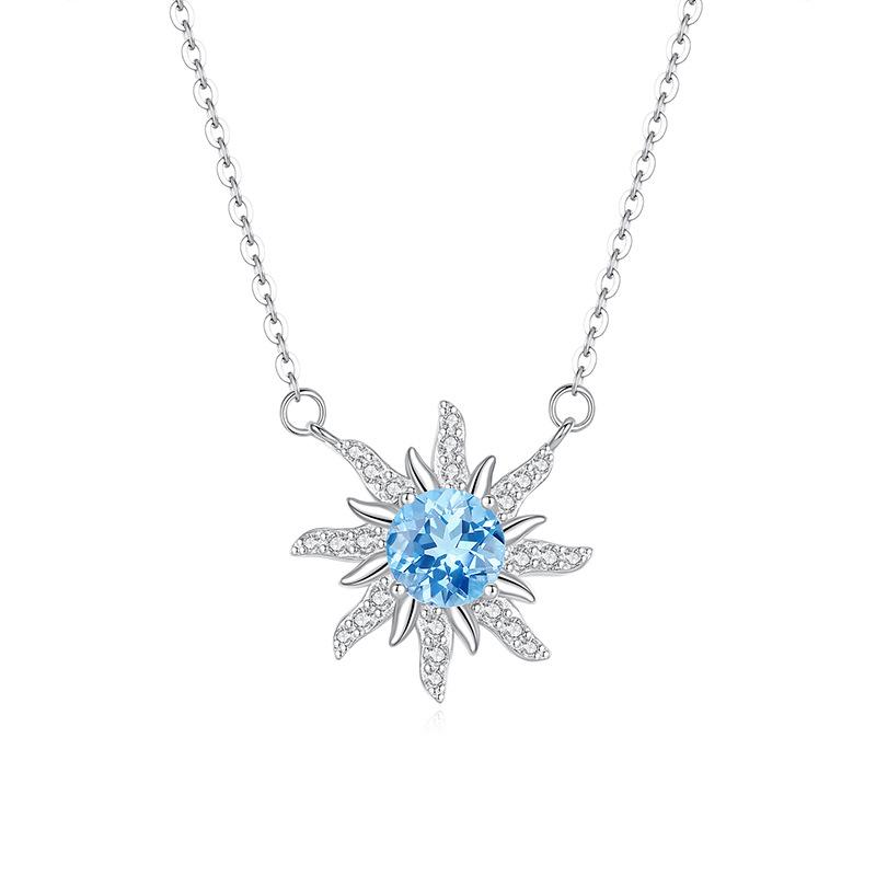 Elegant S925 Sterling Silver Sunflower Necklace, Inlaid Amethyst/Topaz Crystal, Fashion Starburst Choker Jewelry for Women