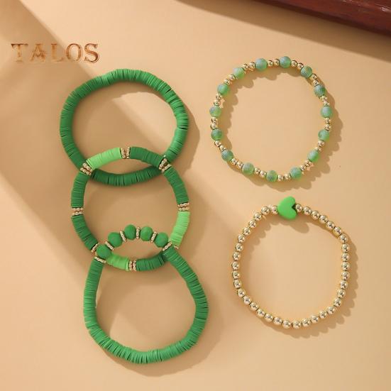 5 Pcs Bohemian Bracelets Polymer Clay Multi-layer Stacking Heart Beads Contrast Color Jewelry for Beach Work Party Vacation