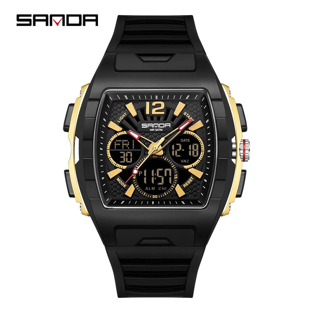 SANDA SD3396 Electronic Watches for Man Dual Display Luminous Alarm Clock Sports Waterproof LED Digital Watch