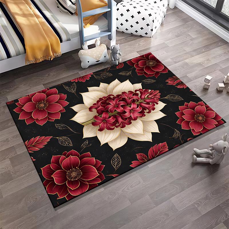 Luxury Floral Carpet with Red and White Flowers On Black Background Suitable for Use As an Anti-slip for Living Room Bedroom Sofas