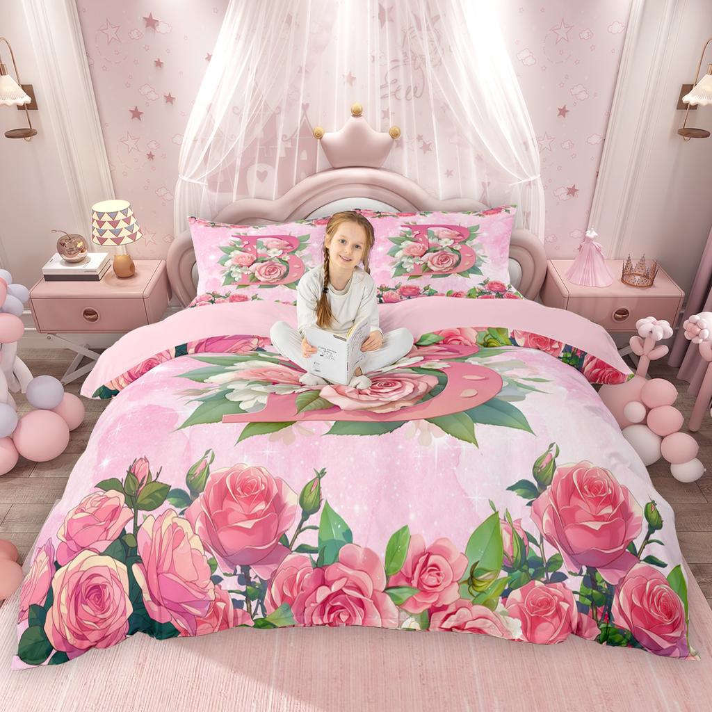 Homewish Girly Cute Pink Duvet Cover Set For Kids Girls Initial Letter A To T Bed Set Chic Floral Flower Quilt Cover Set