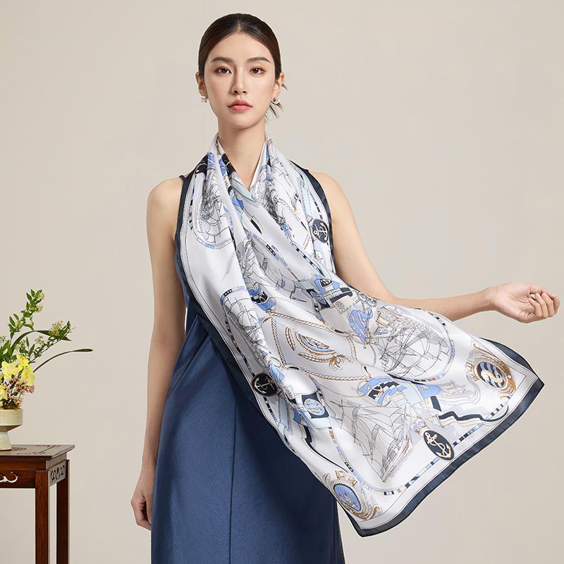 100% Real Silk Long Scarf Women Print Hangzhou Fashion Handkerchief Pure Silk Neckscarves Luxury Bufandas Silk Shawl
