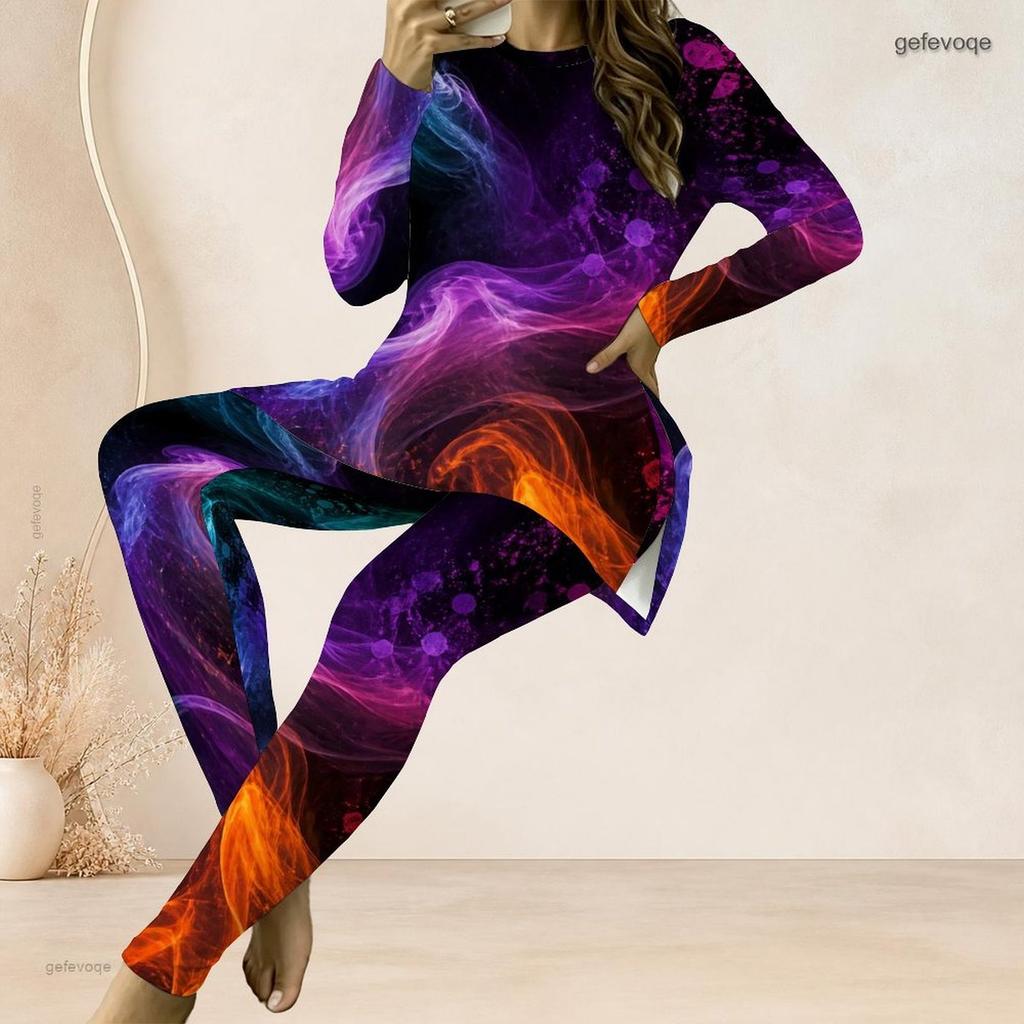 Women Plus Size Two Piece Pants Set Round Neck Long Sleeve Nebula Printed Longline Top And Fitted Pants