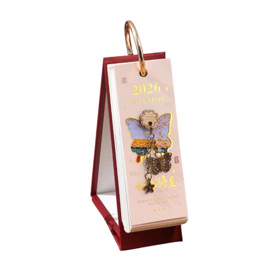 2026 Vintage European Style Oil Painting Flip Calendar January-December Desk Planner with Butterfly Pendant Desktop Monthly Organizer for Home Office