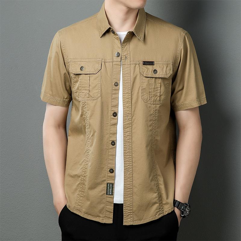 Men's new summer thin short-sleeved shirt jacket men's solid color casual pure cotton outdoor tooling shirt top