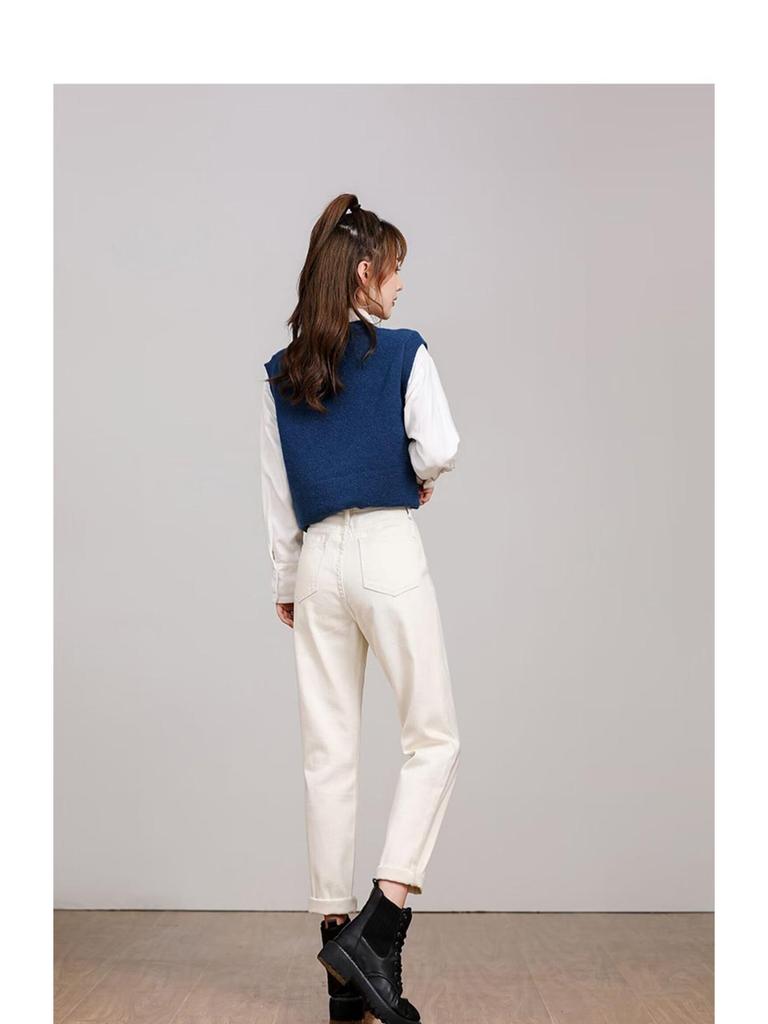 Women's Off-White High-Waisted Harem Jeans - 2024 Spring/Autumn, Elastic, Loose Fit, Slimming Casual Carrot Pants