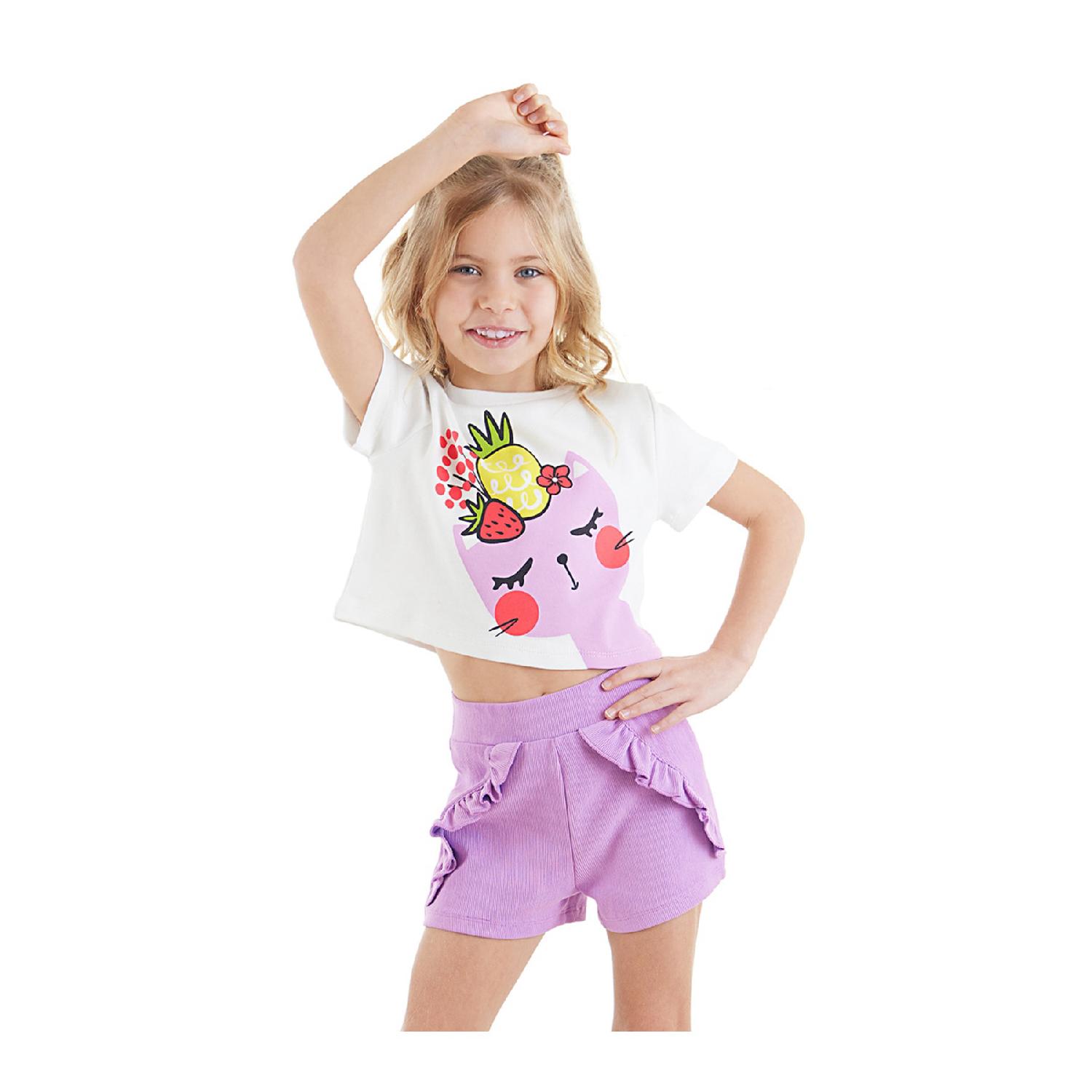 

Fruit Cat Girl Crop Ball Белая футболка Сиреневые шорты Комплект 2 YAŞ