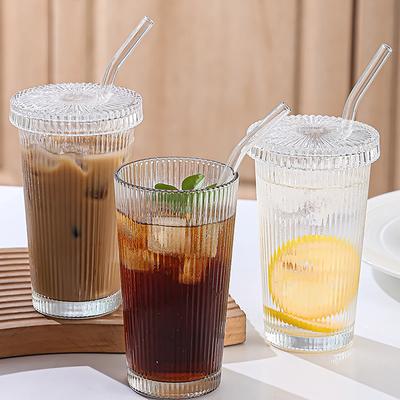 1pc Glass Cup with Lid, Transparent Glass Straw, Iced Coffee Cup, Tea Cup, Juice Cup, Milk Cup, Beverage Cup, Simple