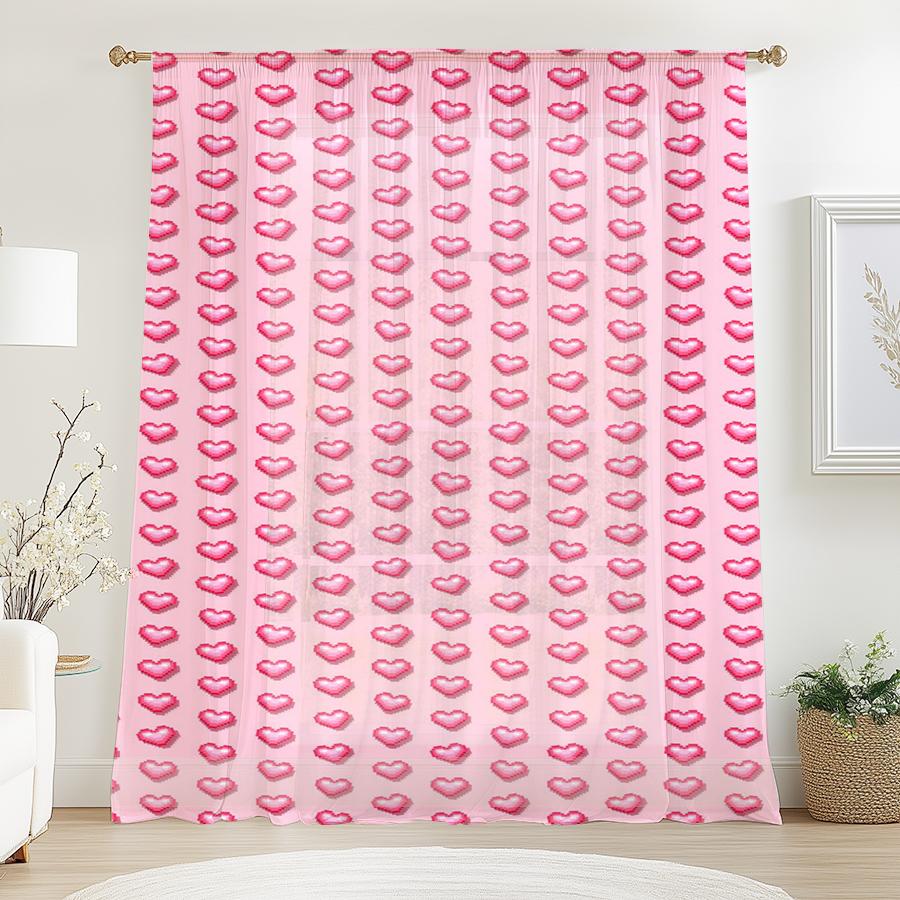

Single Panel Valentine Pink Heart Grid Sheer Curtain Dense Romantic Print Window Drape Light Filtering Made Of Polyester W100*H70(CM)-Hooks&2PCS