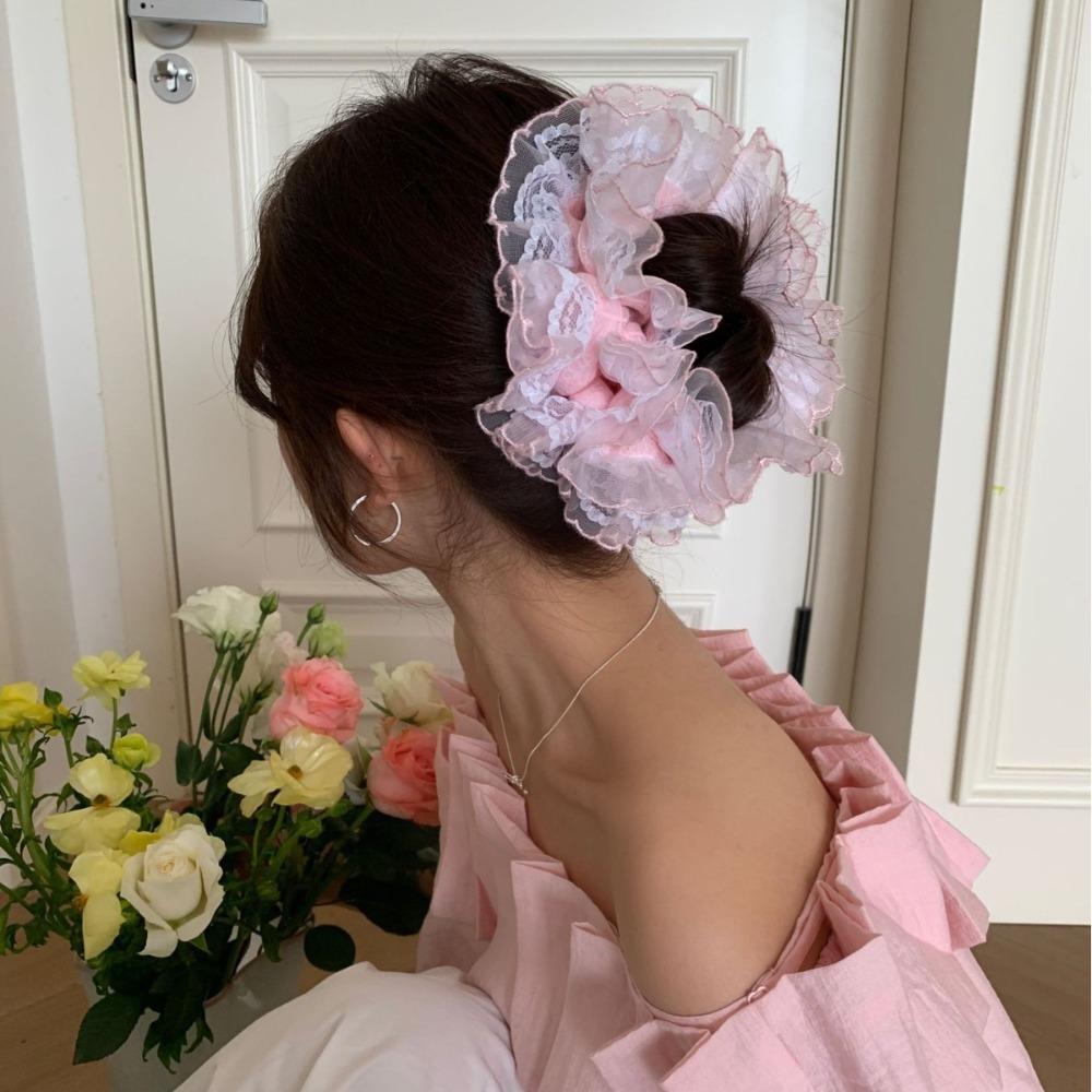 Sweet Plaid Scrunchies Multilayer Exaggerated Hair Ring Creative Large Lace Hair Tie  Lady