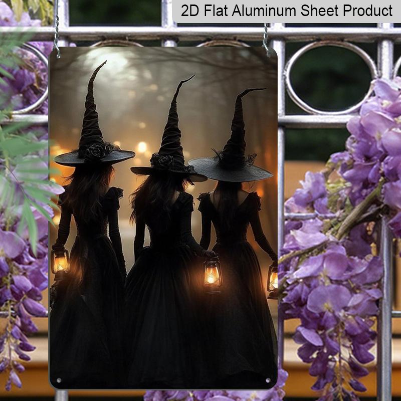 2D Flat Three Witches with Lantern Gothic Vintage Metal Sign‑8.0x12.0inch Aluminum Wall Art, Halloween Farmhouse Porch Decor, Pre‑Drilled Holes