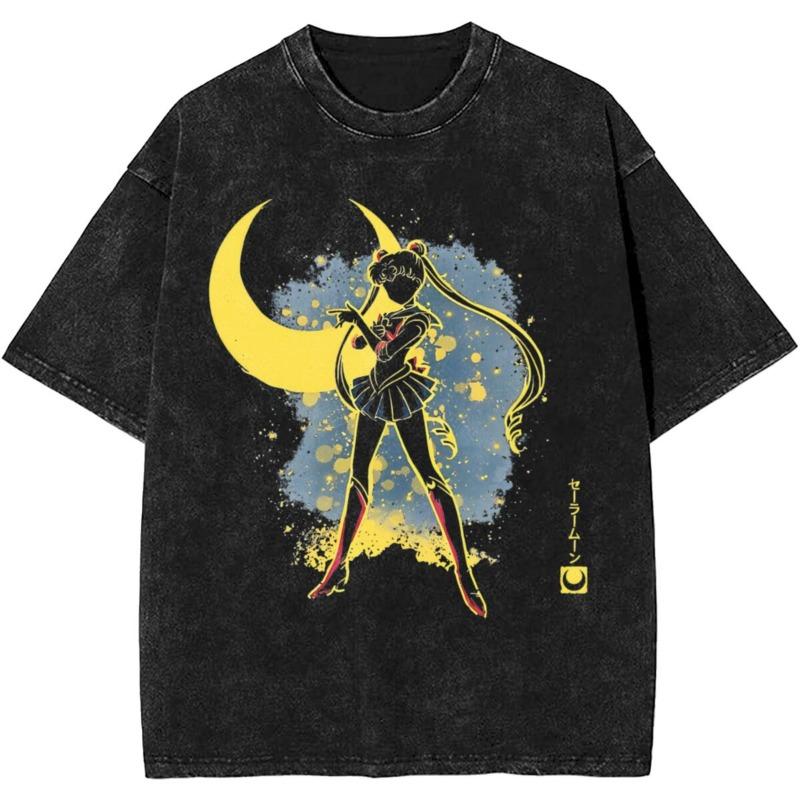 Sailors Moons Vintage Washed T Shirt  Women 100% Cotton Casual T-Shirt O Neck Anime Tees Short Sleeve Clothes Plus Size