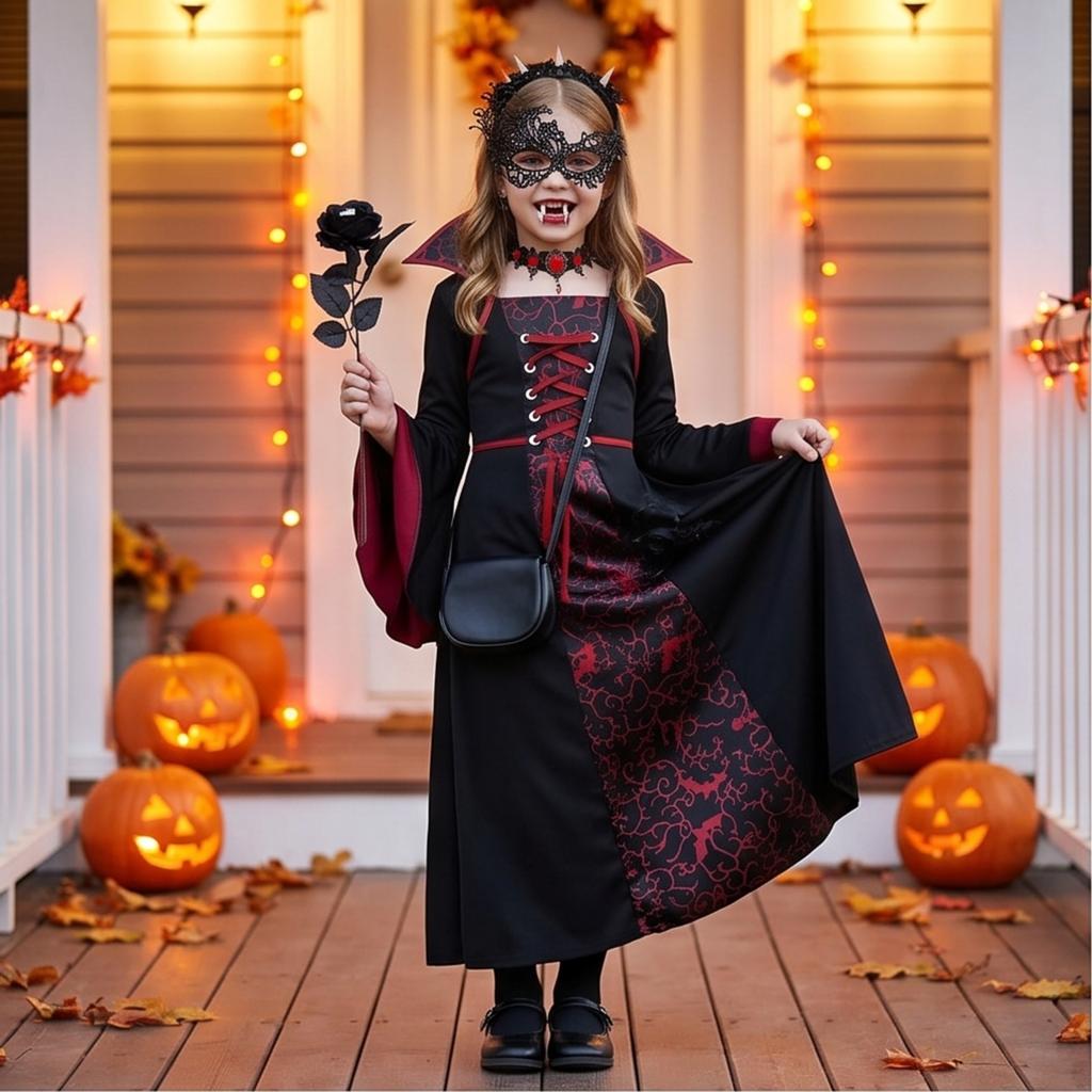 Girls Halloween Witch Costume Lace-Up High Collar Dress Set