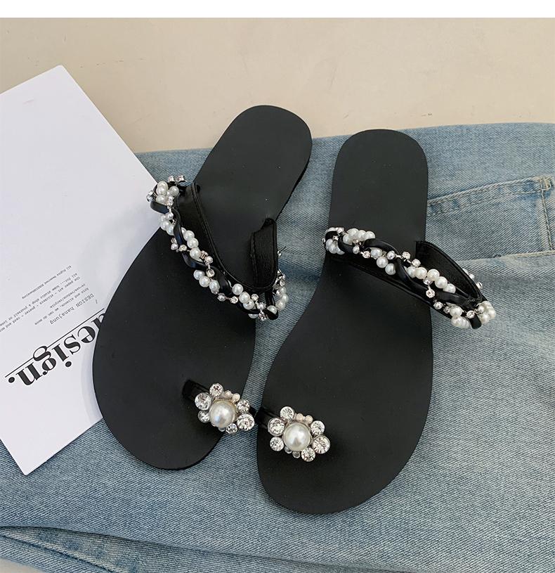 Rhinestone Slippers Women Summer Fashion One-word Drag Square Head Flat Bottom Vacation Travel Beach pearls Sandals and Slippers
