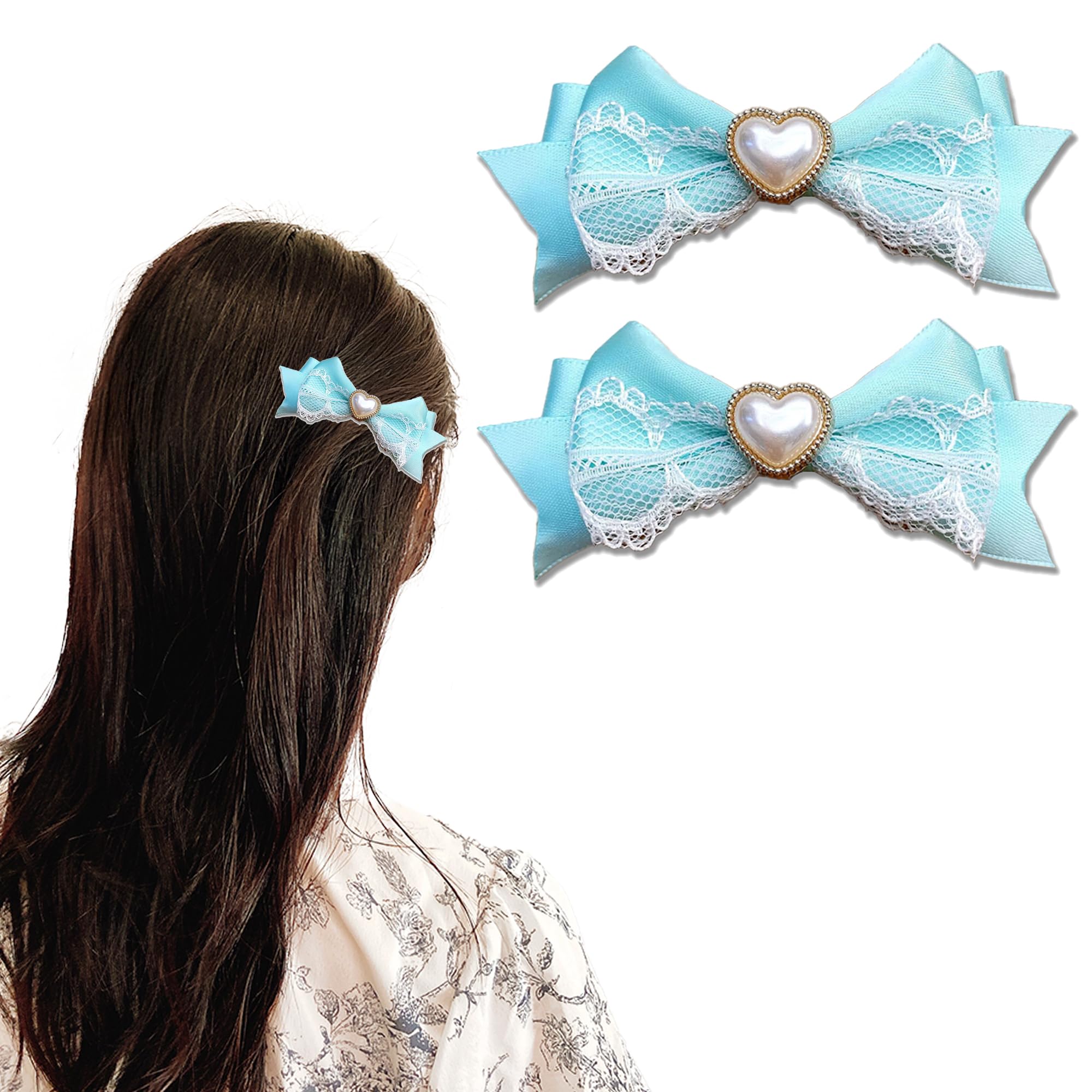 Set of 2 Heart-Shaped Pearl Lace Ribbon Clips, Mint [Used]