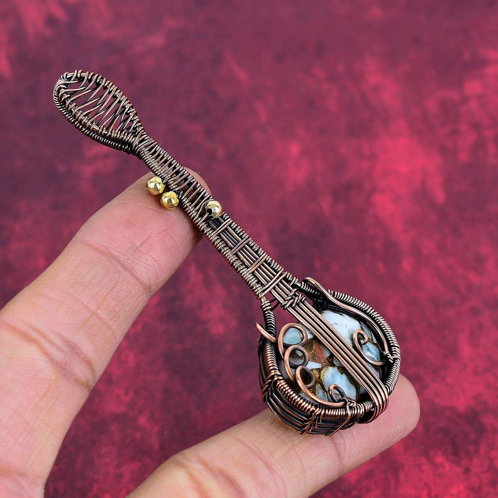 Copper larimar pendant copper wire wrapped jewelry guitar gemstone pendant copper wire wrap pendant handmade unique jewelry gifts for mother
