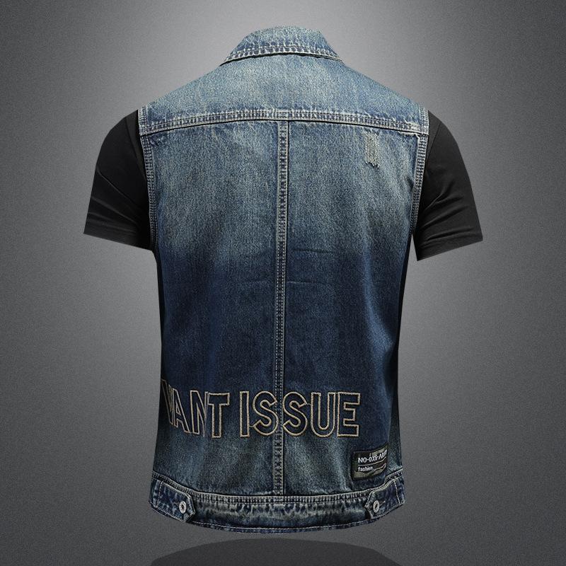 730/MJ15188/P155 lapel high quality washed embroidered letter denim vest men slim spot