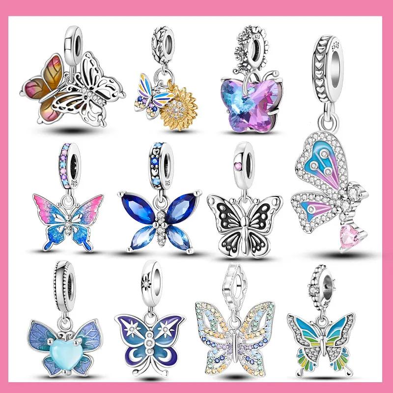 Copper Blue Series Butterfly Beads Pendant Fit Bangle Charms Bracelet Diy Women Original Jewelry