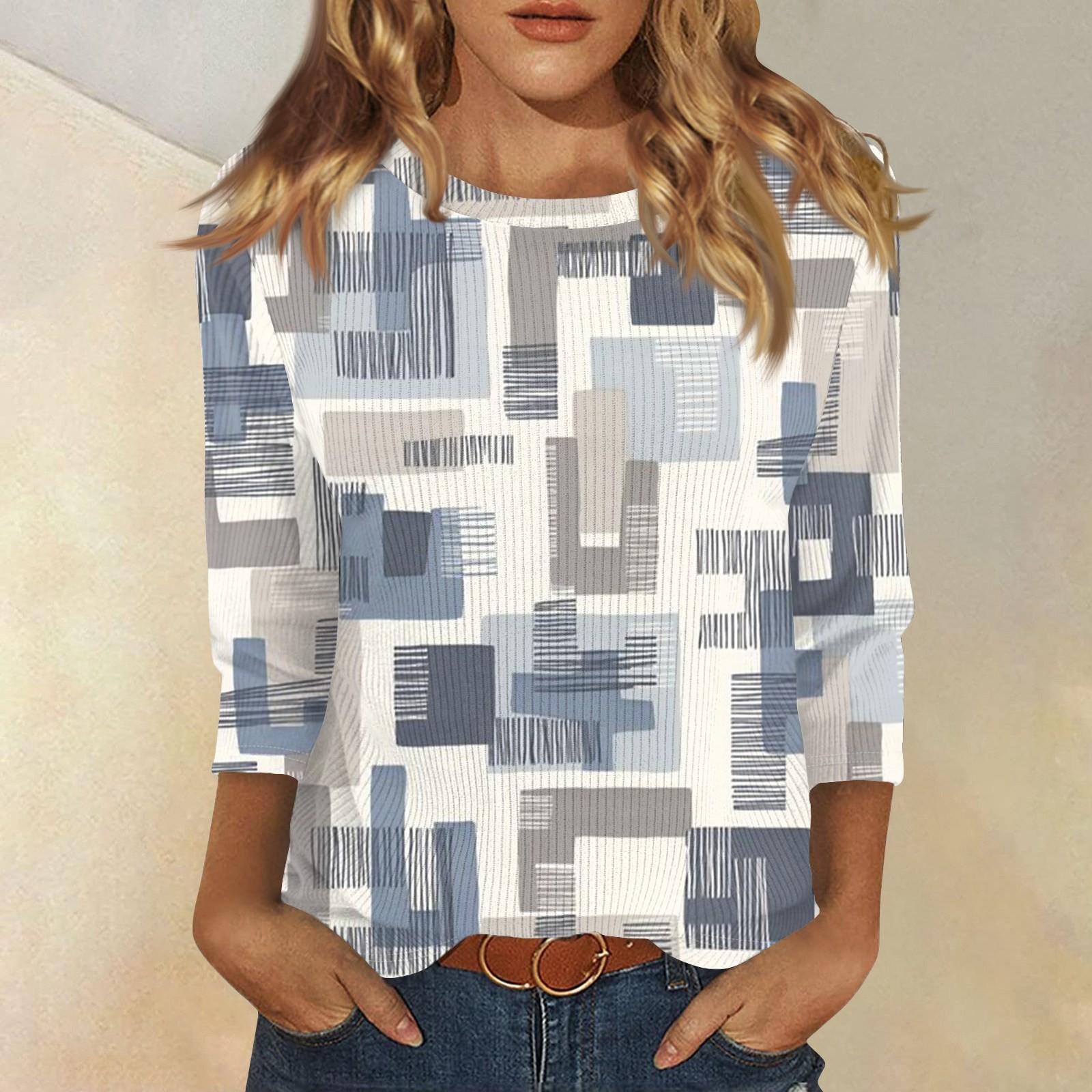 

3/4 рукава топы для женщин футболка повседневные принты топы футболка круглый вырез пуловер блузка XL небесно-голубой