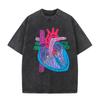 2026 Unisex Vintage Washed Cotton Tee Color Block Anatomy Heart Print Casual Round Neck Short Sleeve Medical Daily Tops