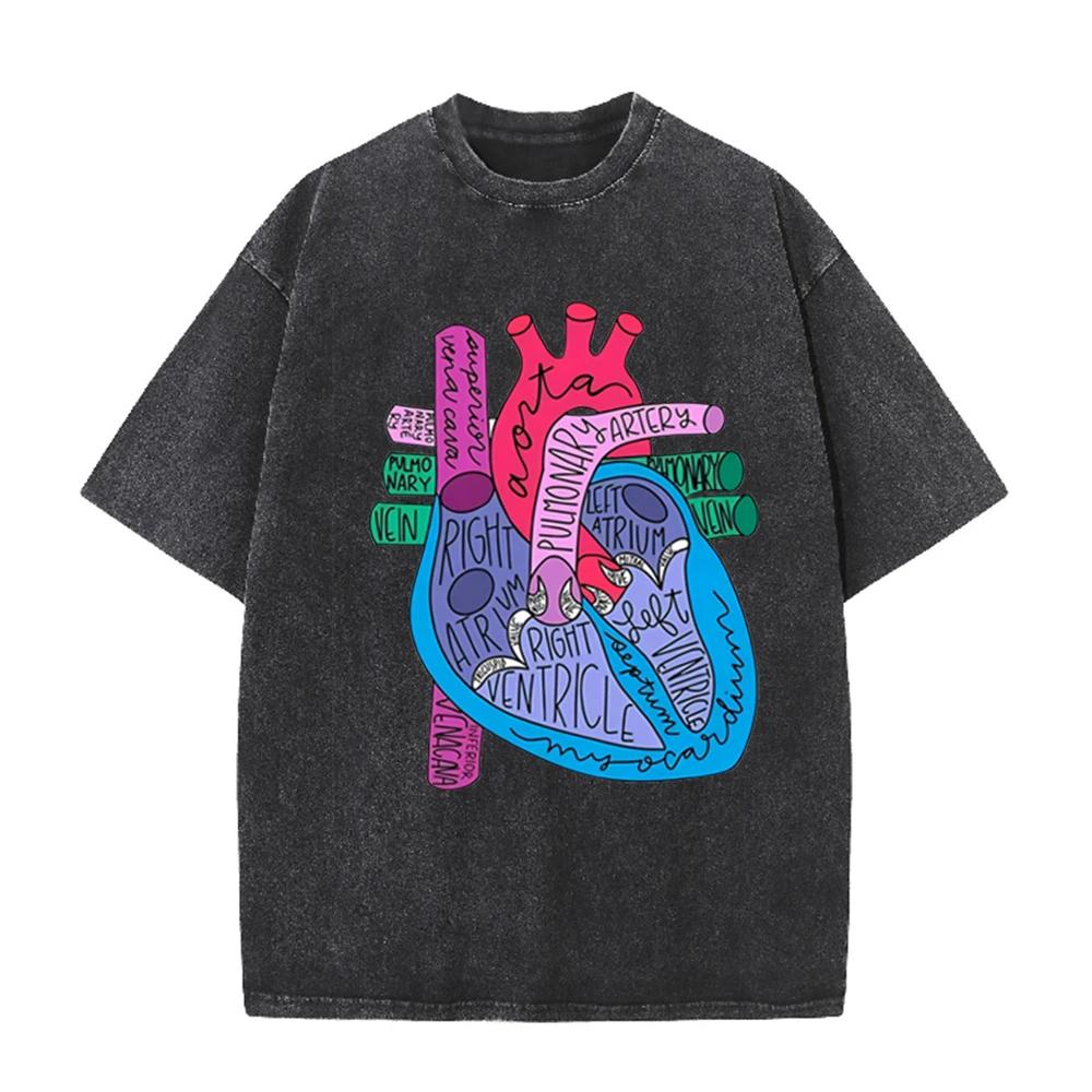 2026 Unisex Vintage Washed Cotton Tee Color Block Anatomy Heart Print Casual Round Neck Short Sleeve Medical Daily Tops