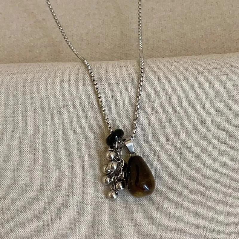 Y2K Vintage Spotted Tiger Eye Stone Irregular Pendant Necklace for Women Long Chain Girls Charm Aesthetic Jewelry Accessories